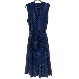 J. Peterman Sleeveless Fit and Flare Retro Belted Polka Dot Midi Dress Navy 20